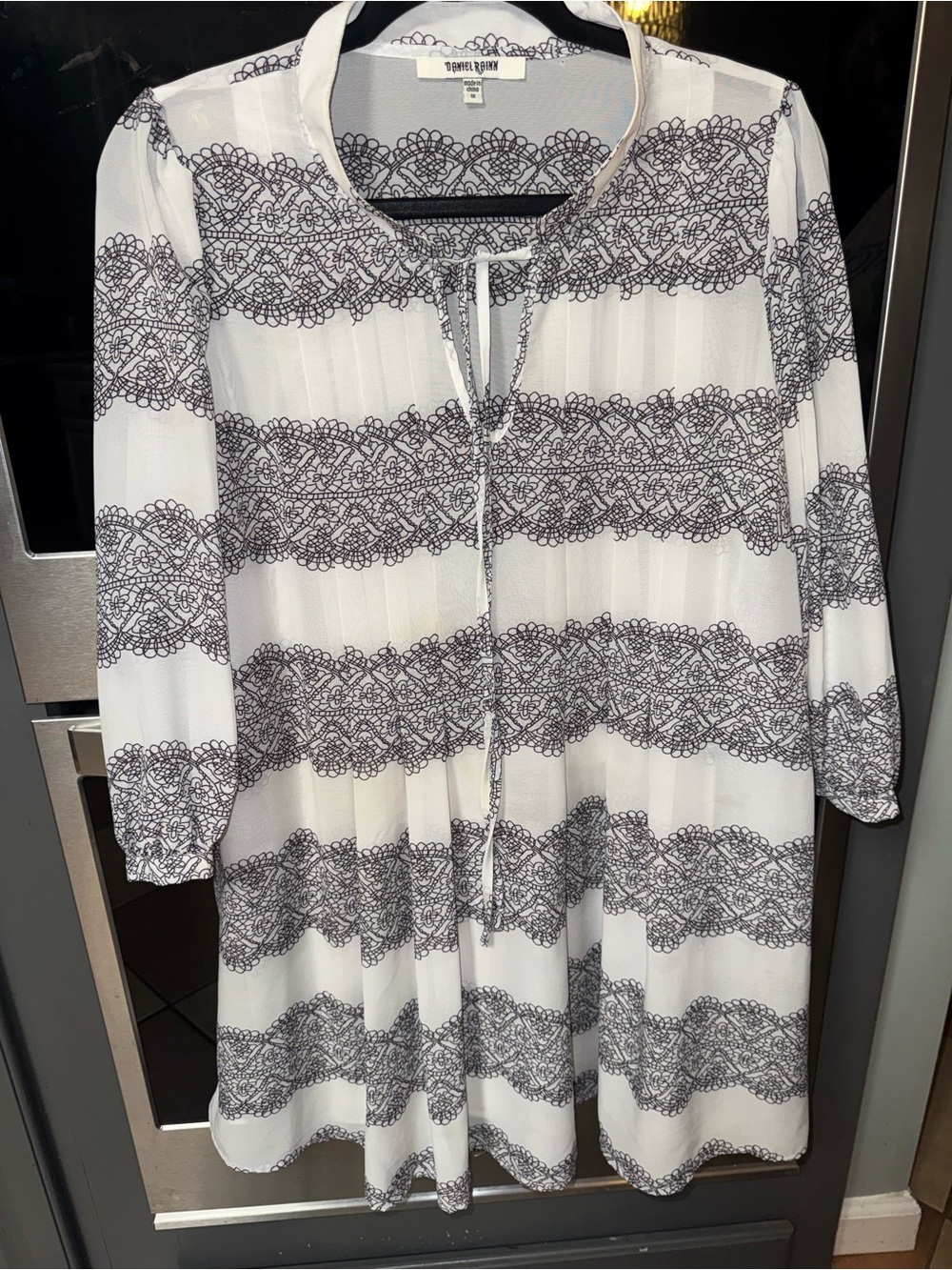 Daniel Rainn White Dress with Black Lace-Print Stripes